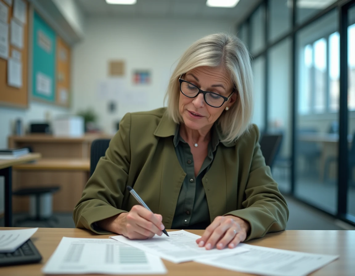 Responsable administrative expliquant une fiche de paie d'enseignant dans un bureau scolaire, illustrant la grille de rémunération des professeurs agrégés et certifiés