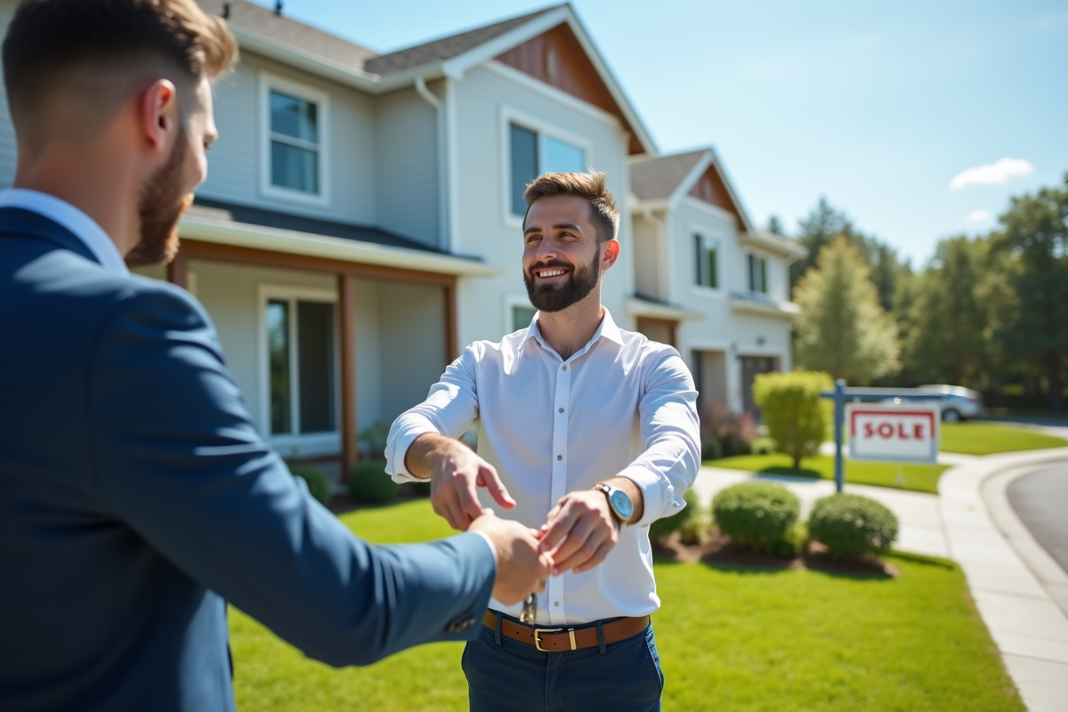 Agent immobilier remettant les clés à un jeune investisseur heureux