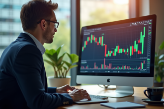 Personne confiante en affaires analysant des graphiques boursiers colorés sur un grand écran