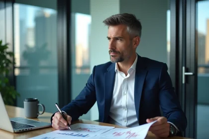 Analyste financier examinant l'historique des dividendes de l'action Total dans un bureau moderne