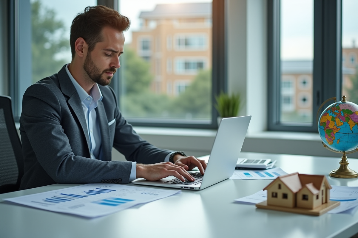 Professionnel analysant des données immobilières dans un bureau lumineux