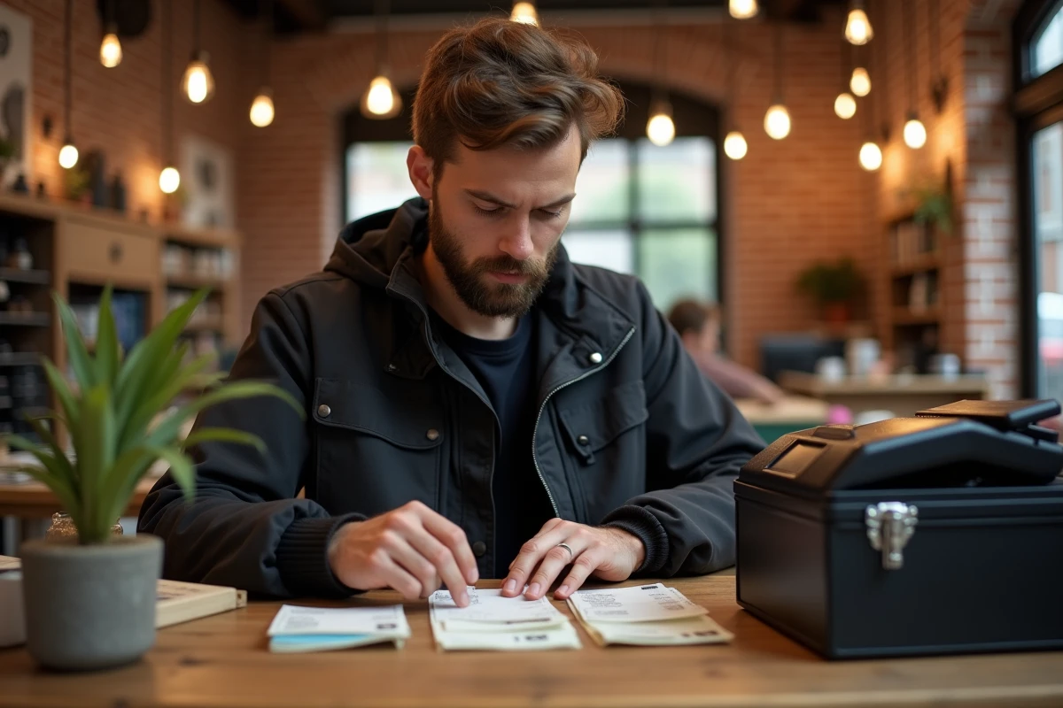 Jeune artisan gérant sa caisse et ses encaissements en espèces et par carte dans un marché intérieur éphémère