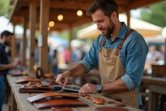 Artisan en tablier encaissant un paiement par carte sur une tablette à un stand de marché artisanal en plein air
