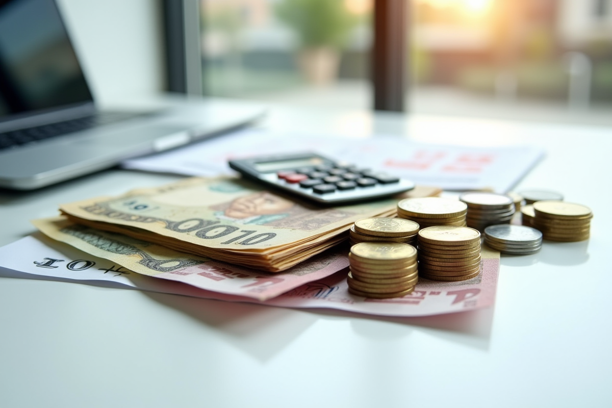Billets et pièces de différentes monnaies avec calculatrice sur bureau
