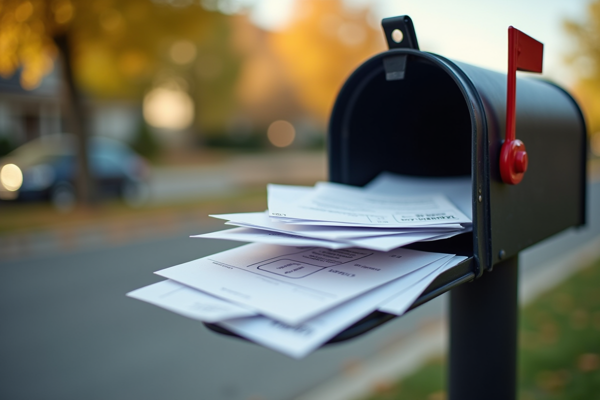Une boîte aux lettres débordante de factures impayées en plein jour