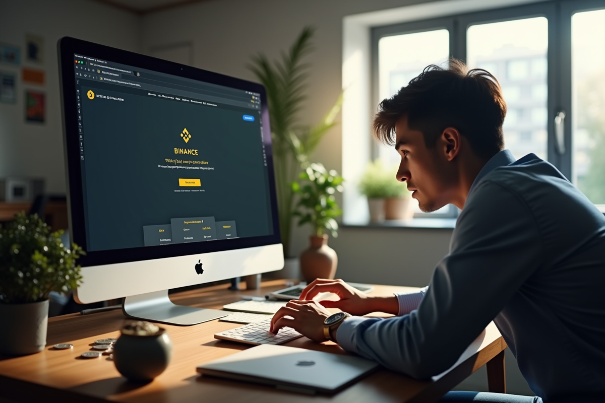 Bureau moderne avec écran erreur Binance et coins crypto