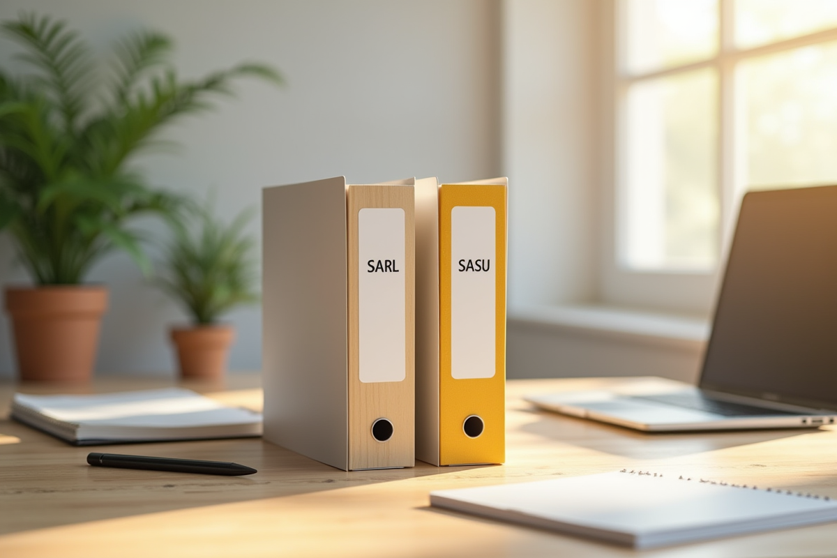 Dossier SARL et SASU sur un bureau lumineux avec ordinateur et plante