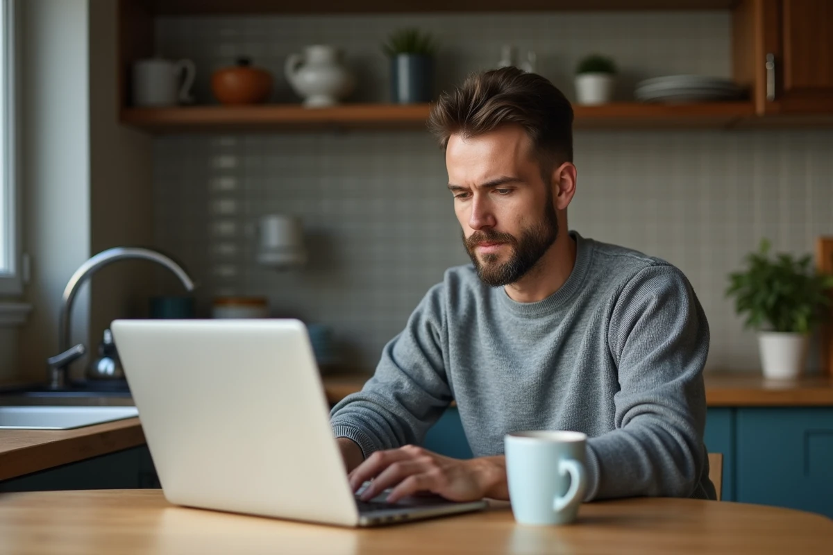 Client consultant son compte Flex LCL en ligne depuis son domicile sur un ordinateur portable