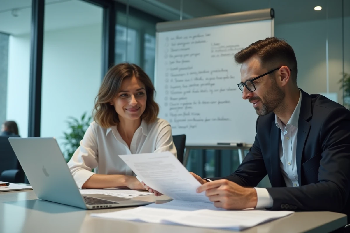 Deux collègues consultant le registre officiel d'une compagnie d'assurance pour vérifier une adresse postale