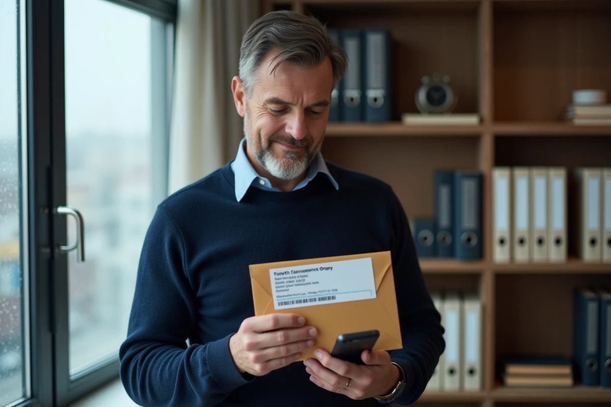 Homme comparant l'adresse d'une enveloppe d'assurance avec les informations officielles sur son smartphone