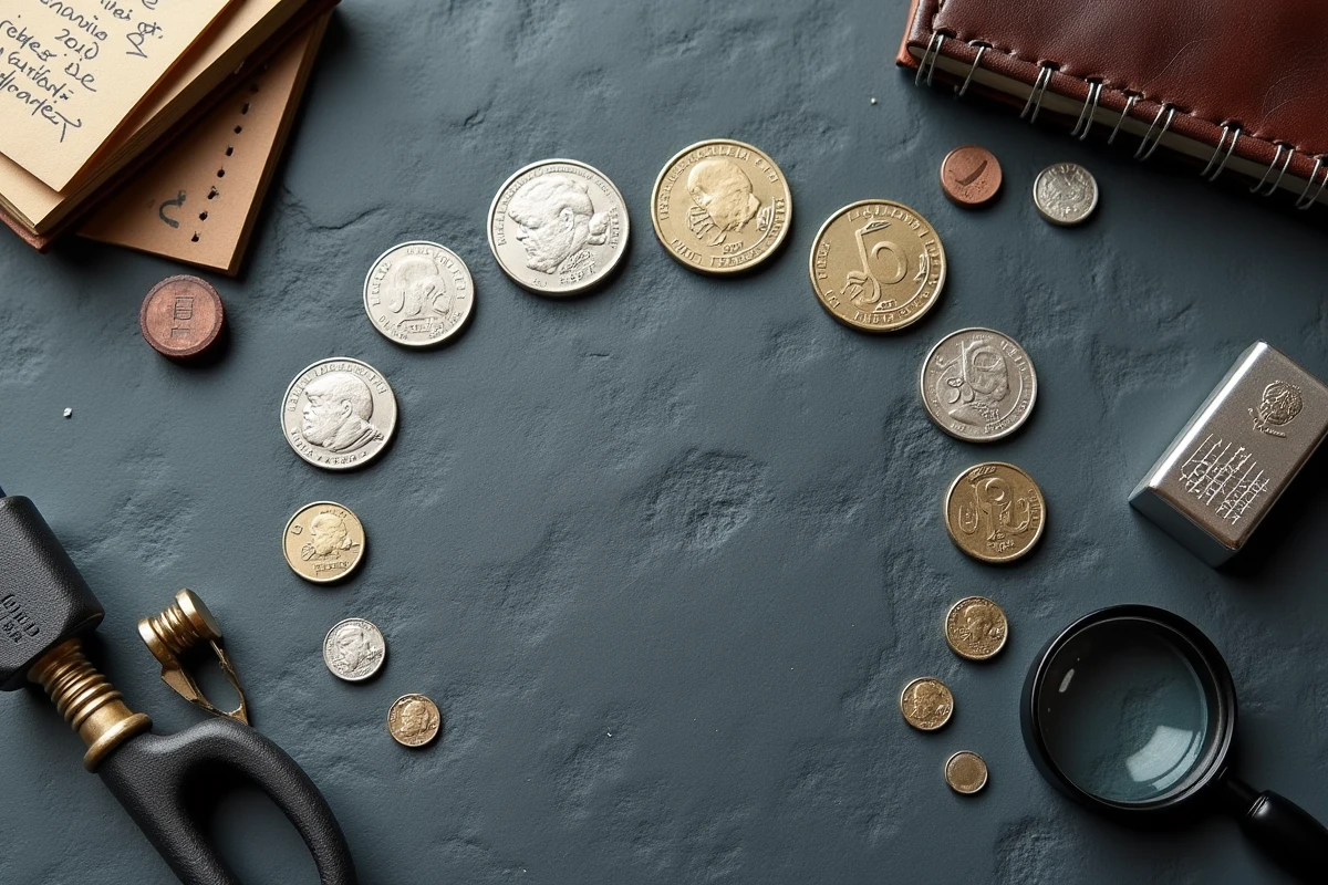 Vue à plat de plusieurs pièces 50 francs argent 1977 et lingots d'argent modernes sur ardoise grise, comparaison épargne