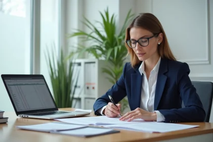 Comptable française consultant des documents fiscaux relatifs à la franchise de TVA et aux seuils du CGI