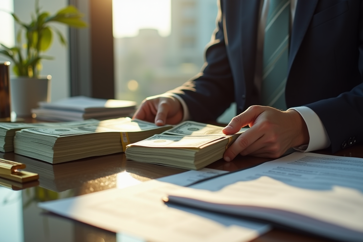 Main de banquier comptant des liasses de dollars sur un bureau brillant