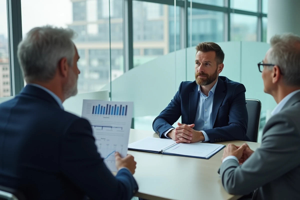 Conseiller financier expliquant les rendements d'une assurance vie à un couple de seniors dans une agence bancaire