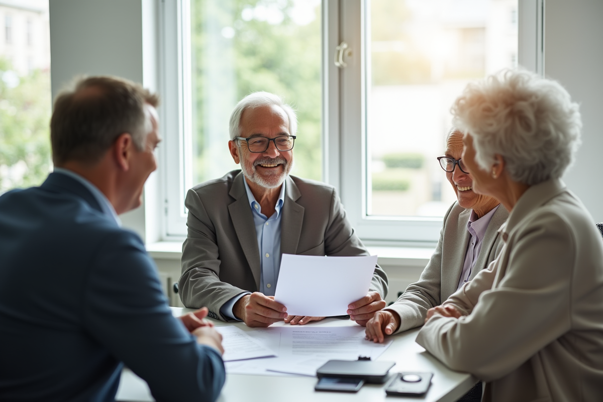 Conseiller financier discutant avec un couple senior dans un bureau lumineux