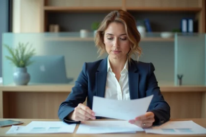 Conseillère bancaire LCL expliquant un contrat Flex à une cliente dans une agence moderne