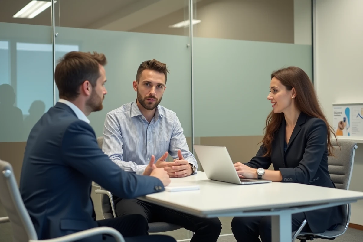 Couple de clients en rendez-vous avec un conseiller LCL pour discuter d'une offre de crédit Flex