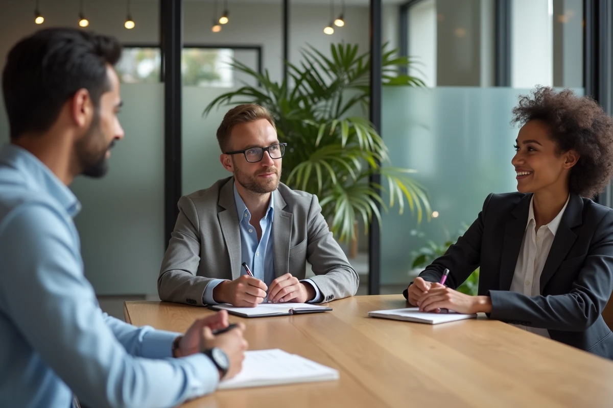 Couple consultant un conseiller en gestion de patrimoine dans une salle de réunion moderne