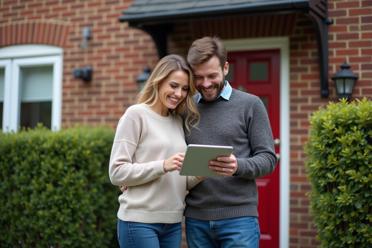Jeune couple regardant une tablette devant leur maison
