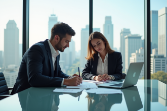 Couple professionnel étudiant des formulaires fiscaux