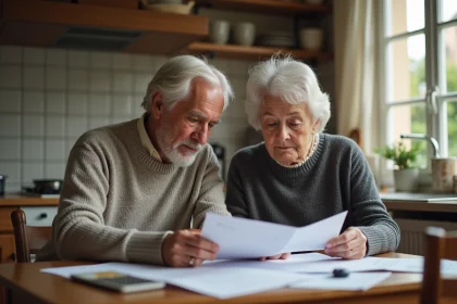 Couple retrait&eacute; dans la cuisine examine documents de pension