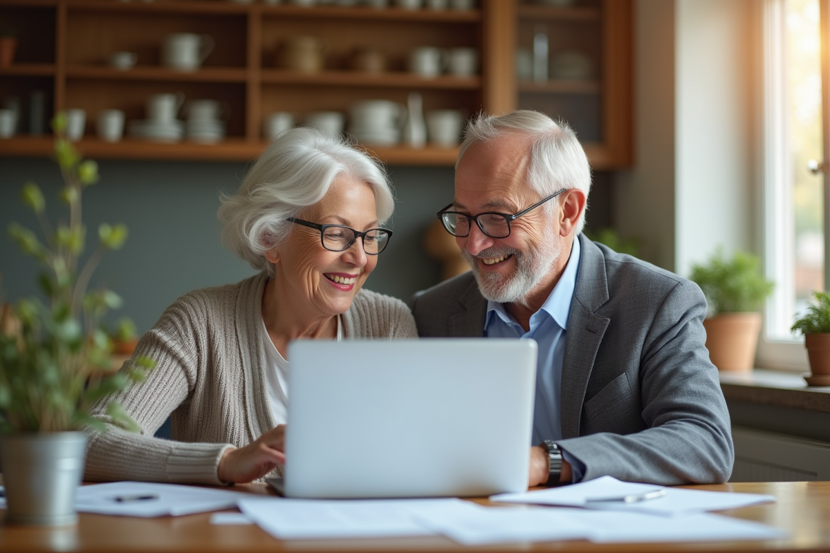 Couple âgé souriant revoyant leurs finances à la maison