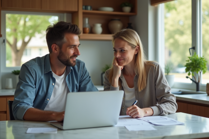Couple en cuisine revoyant des documents financiers