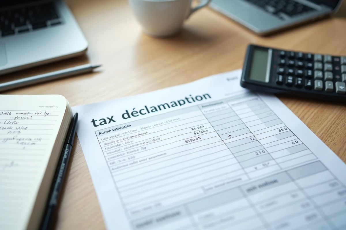 Vue aérienne d'une déclaration fiscale TVA avec calculatrice et notes manuscrites sur les seuils du 293 B du CGI