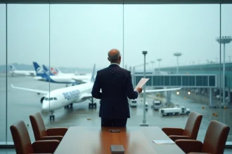 Dirigeant de compagnie aérienne analysant la valeur de revente d'avions Airbus depuis une salle de conférence donnant sur un tarmac
