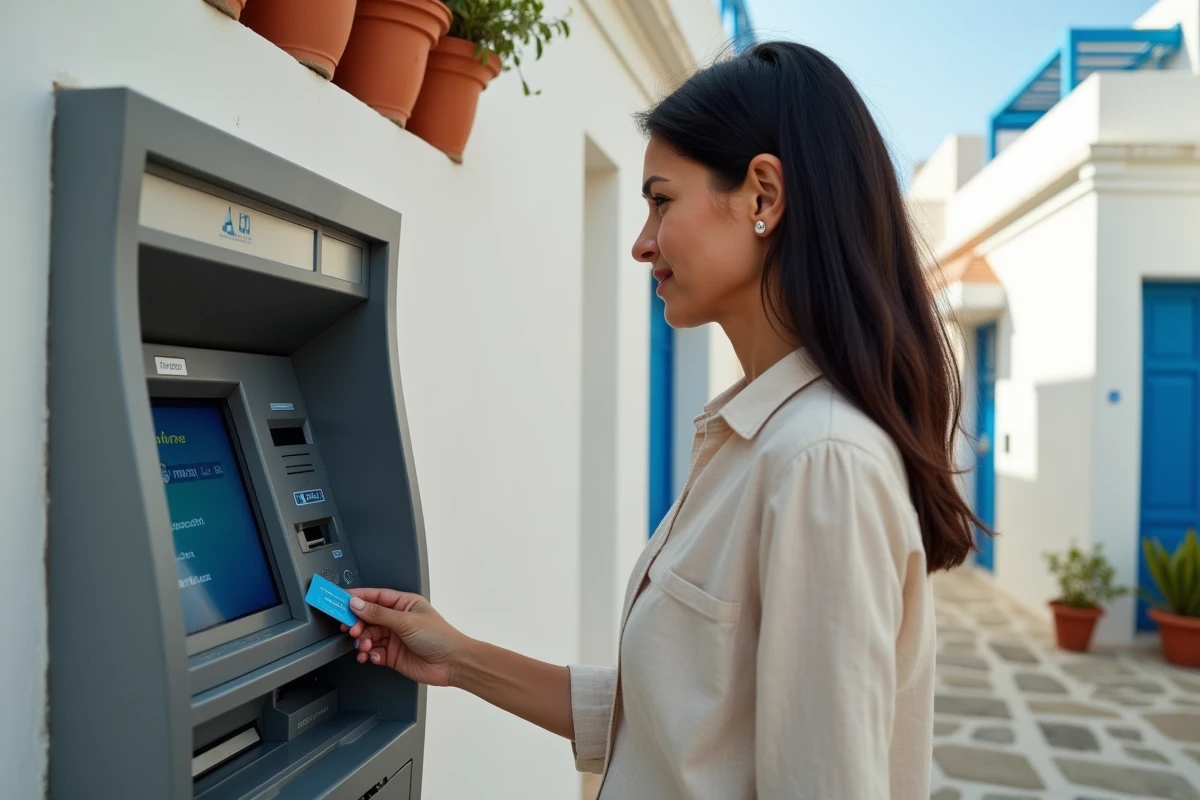 Femme utilisant un distributeur automatique de billets en Grèce dans une ruelle blanchie à la chaux