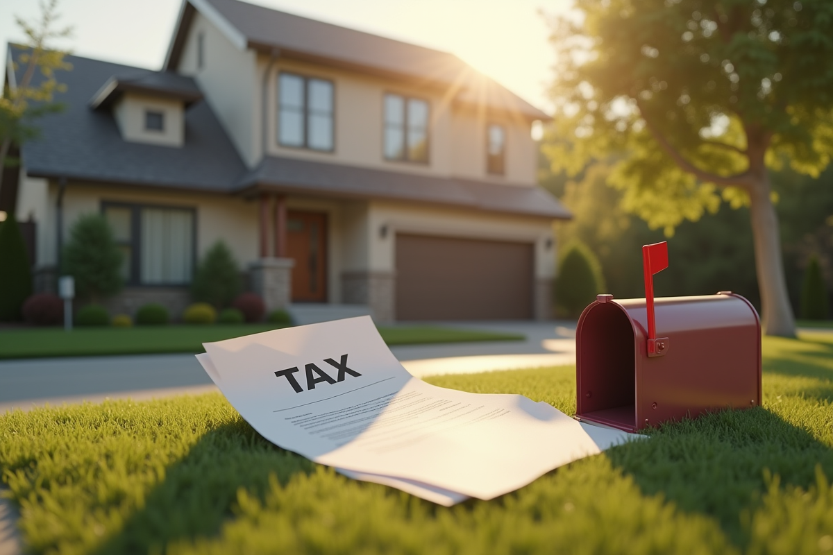 Document fiscal et boîte aux lettres devant une maison élégante