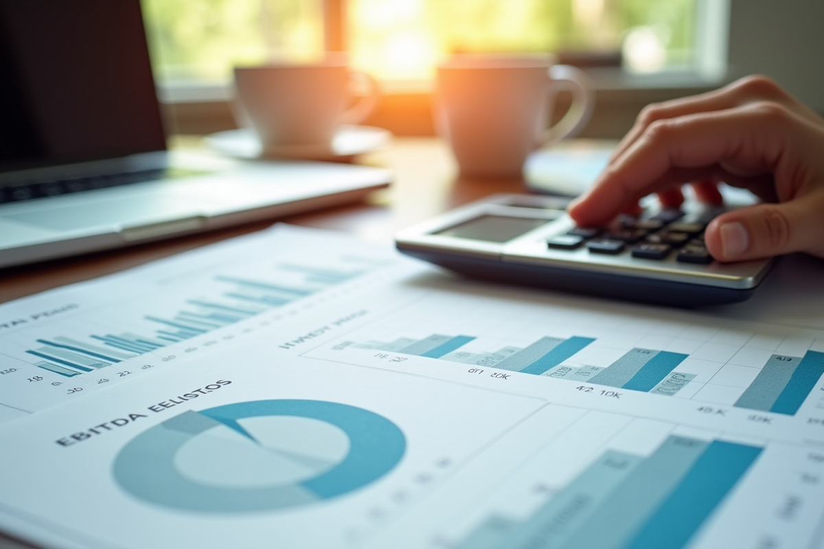 Détails de documents financiers avec calculatrice et main pointant EBITDA