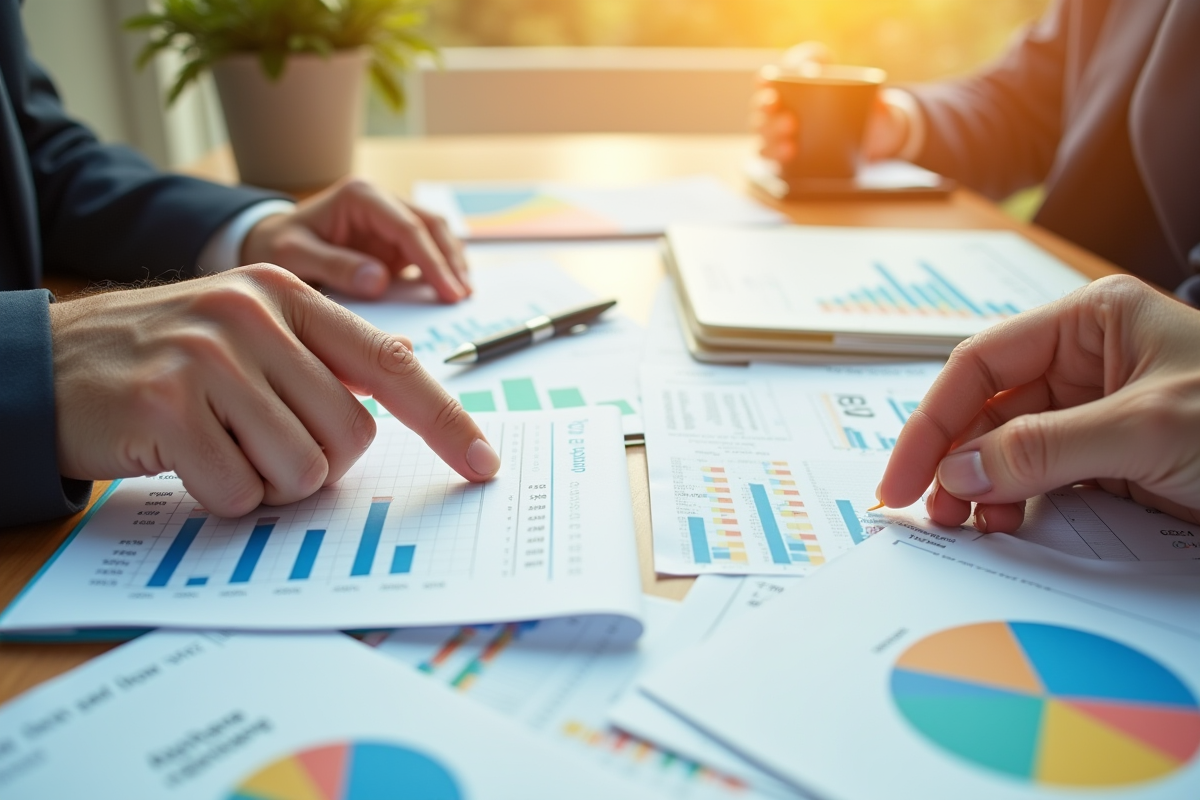 Documents financiers et graphiques colorés sur une table ensoleillée