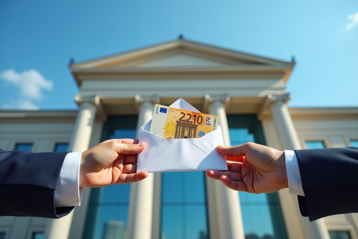 Deux mains échangeant une enveloppe avec des billets d euro devant une banque