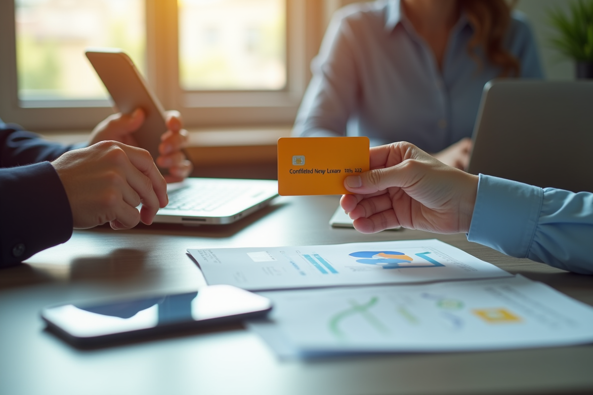 Deux mains échangeant une carte bancaire avec transfert d