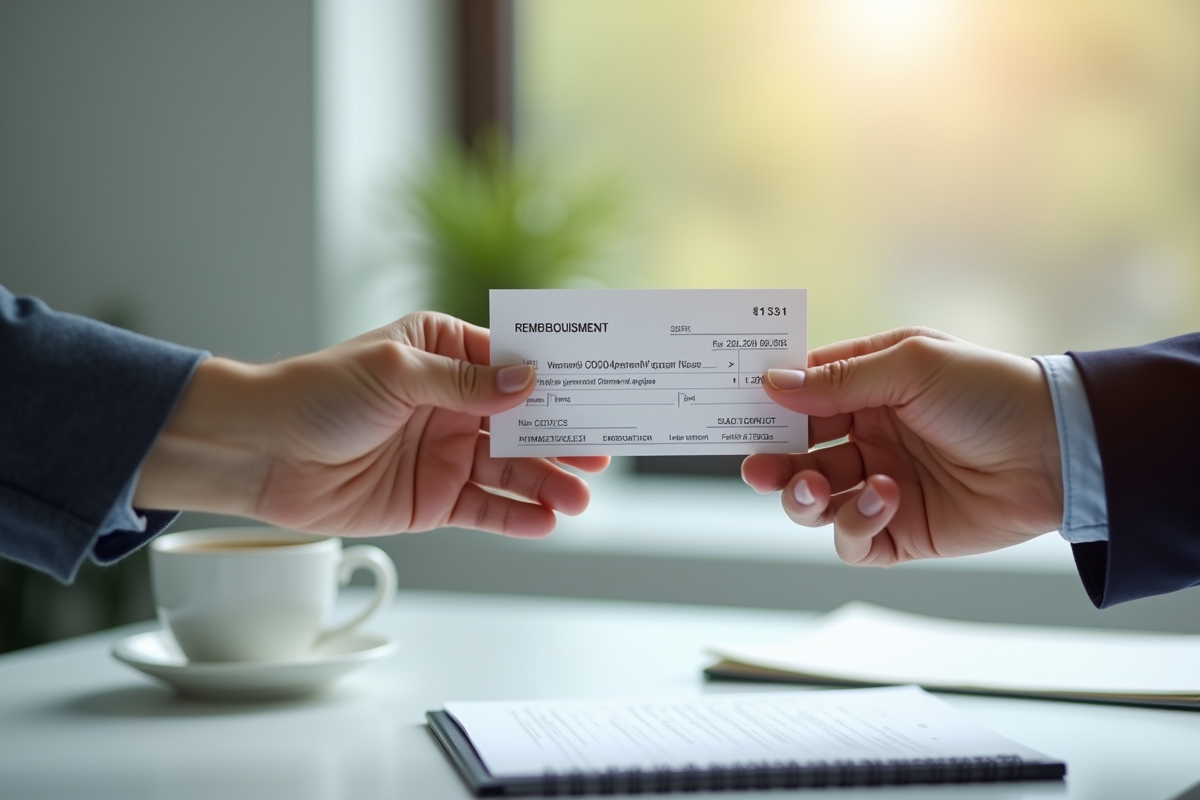 Deux mains échangeant un cheque de remboursement en bureau professionnel
