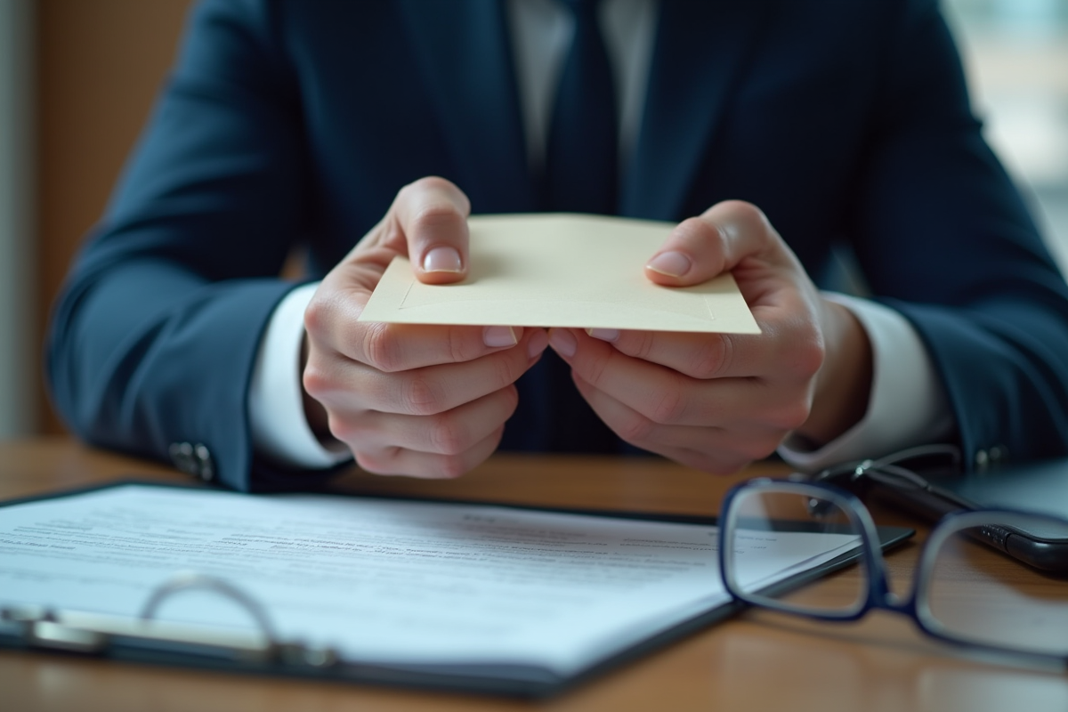 Mains échangeant une enveloppe scellee sur un bureau professionnel