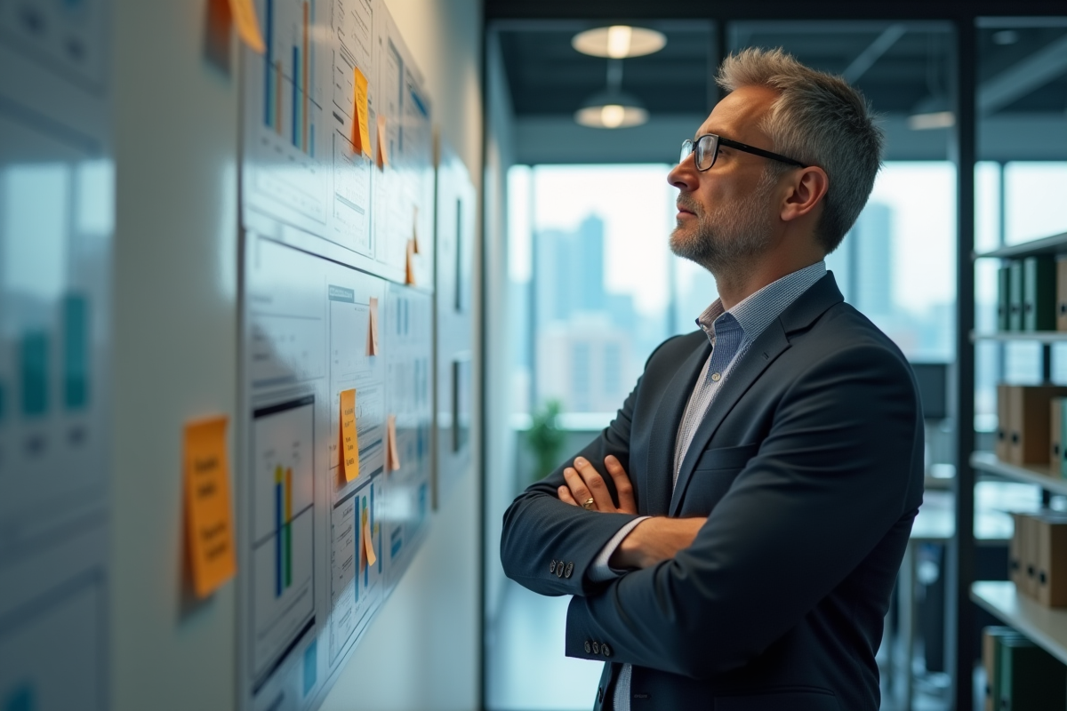 Entrepreneur en réflexion devant un tableau de stratégie