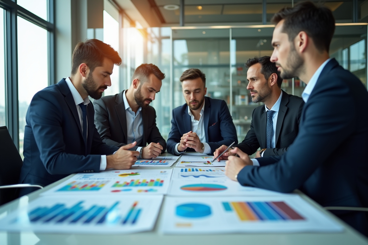 Groupe de professionnels analysant des graphiques financiers dans une banque