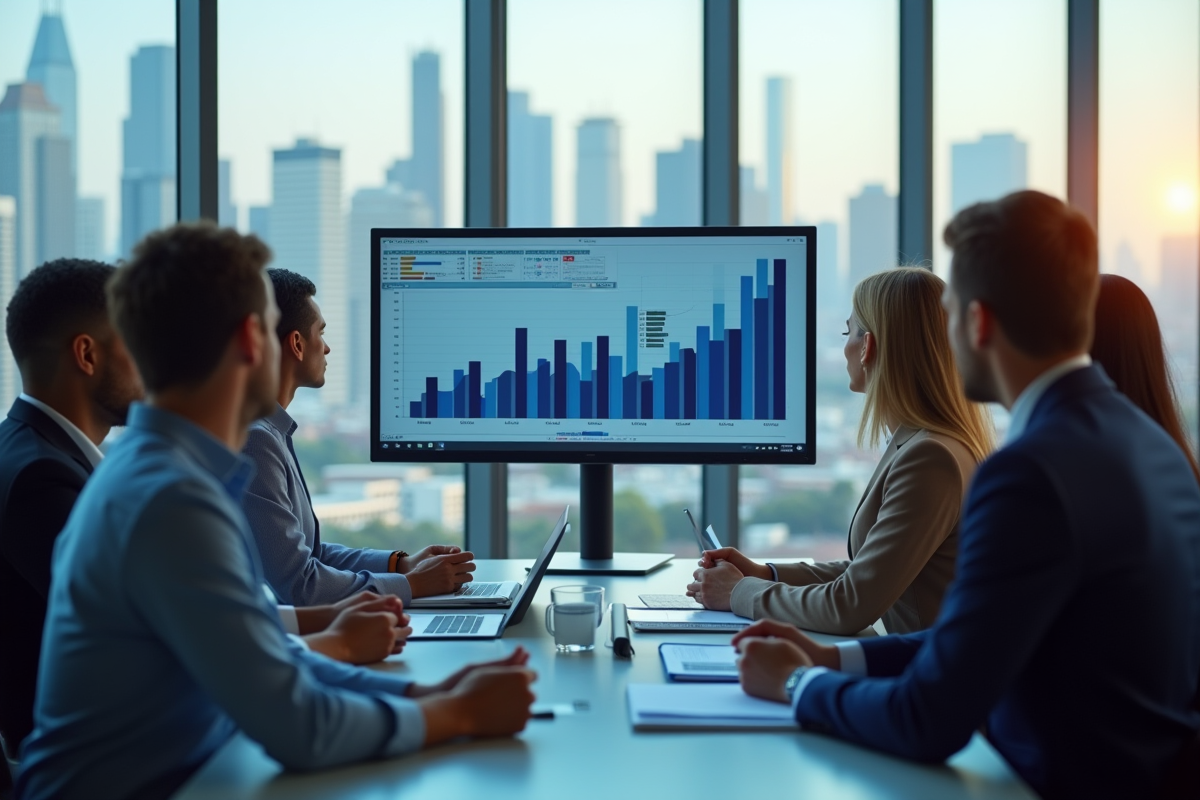 Groupe de professionnels discutant rapports financiers en bureau lumineux