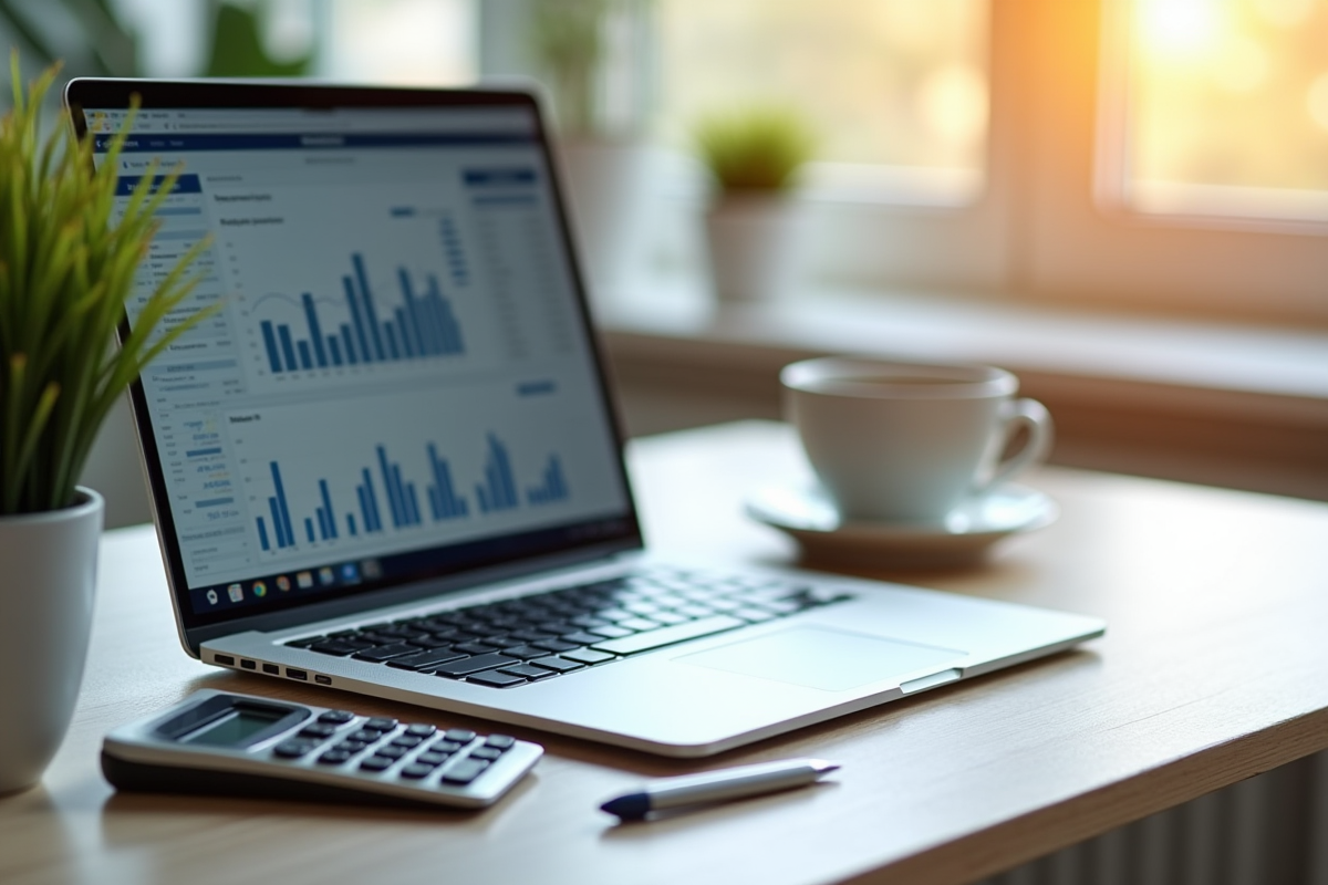 Espace de travail organisé avec ordinateur et café pour la gestion financière