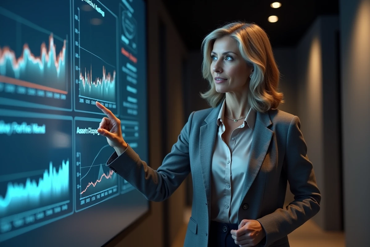 Experte en gestion de fortune présentant des graphiques d'investissement sur écran interactif