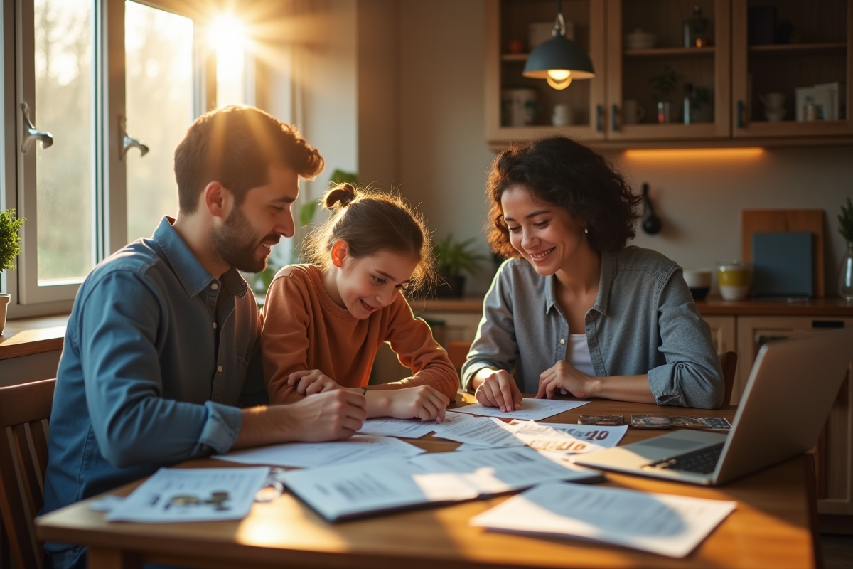 Famille planifiant leur budget autour de la table
