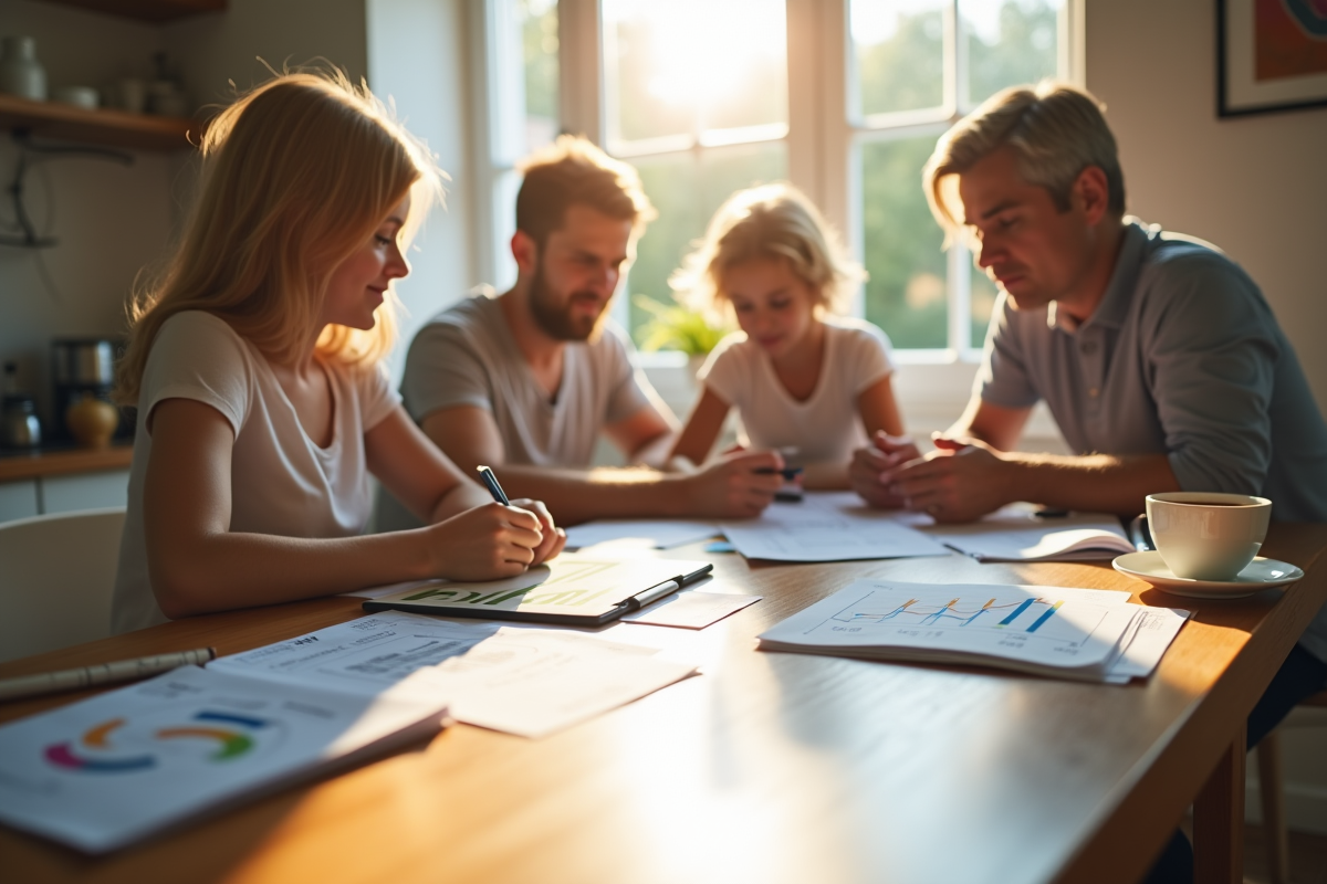 Famille discutant de papiers et factures à la cuisine
