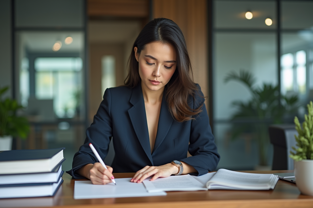 Femme d'affaires en costume lisant des documents dans un bureau moderne