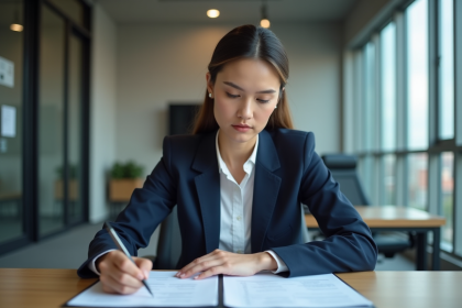 Femme d'affaires en r&eacute;union dans un bureau moderne