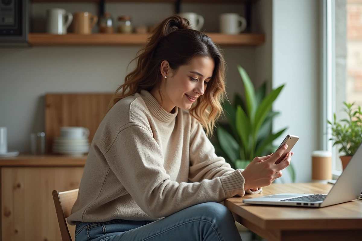 Jeune femme vérifiant son application bancaire sur smartphone