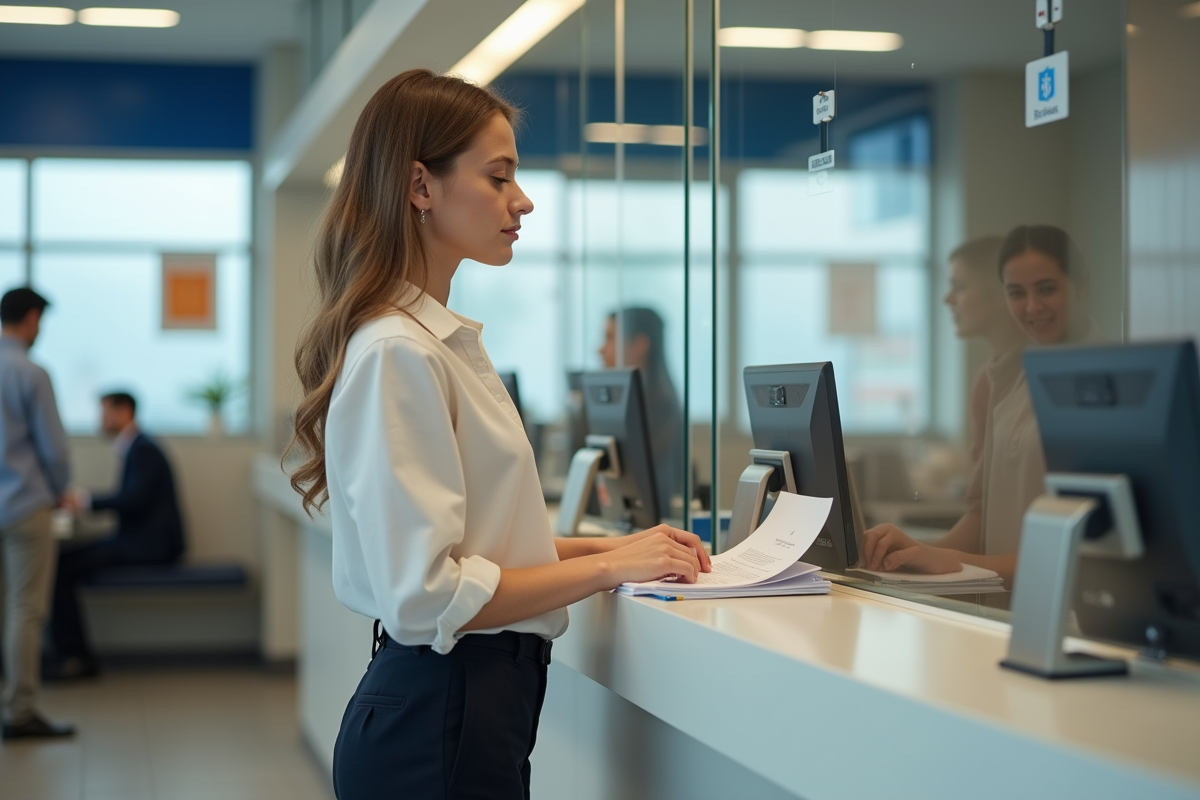Femme apprentie au comptoir d une banque moderne avec documents