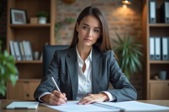 Femme professionnelle en bureau examinant des documents d'assurance