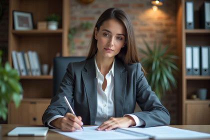 Femme professionnelle en bureau examinant des documents d'assurance